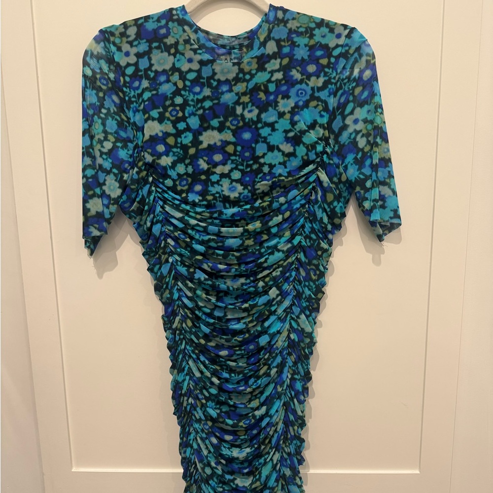 Ganni Blue and Black Ruffled Bodycon Cocktail Dress